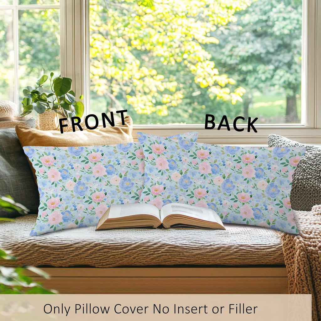 Preppy Blue and Pink Cottage Floral Throw Pillow Covers Set of 2