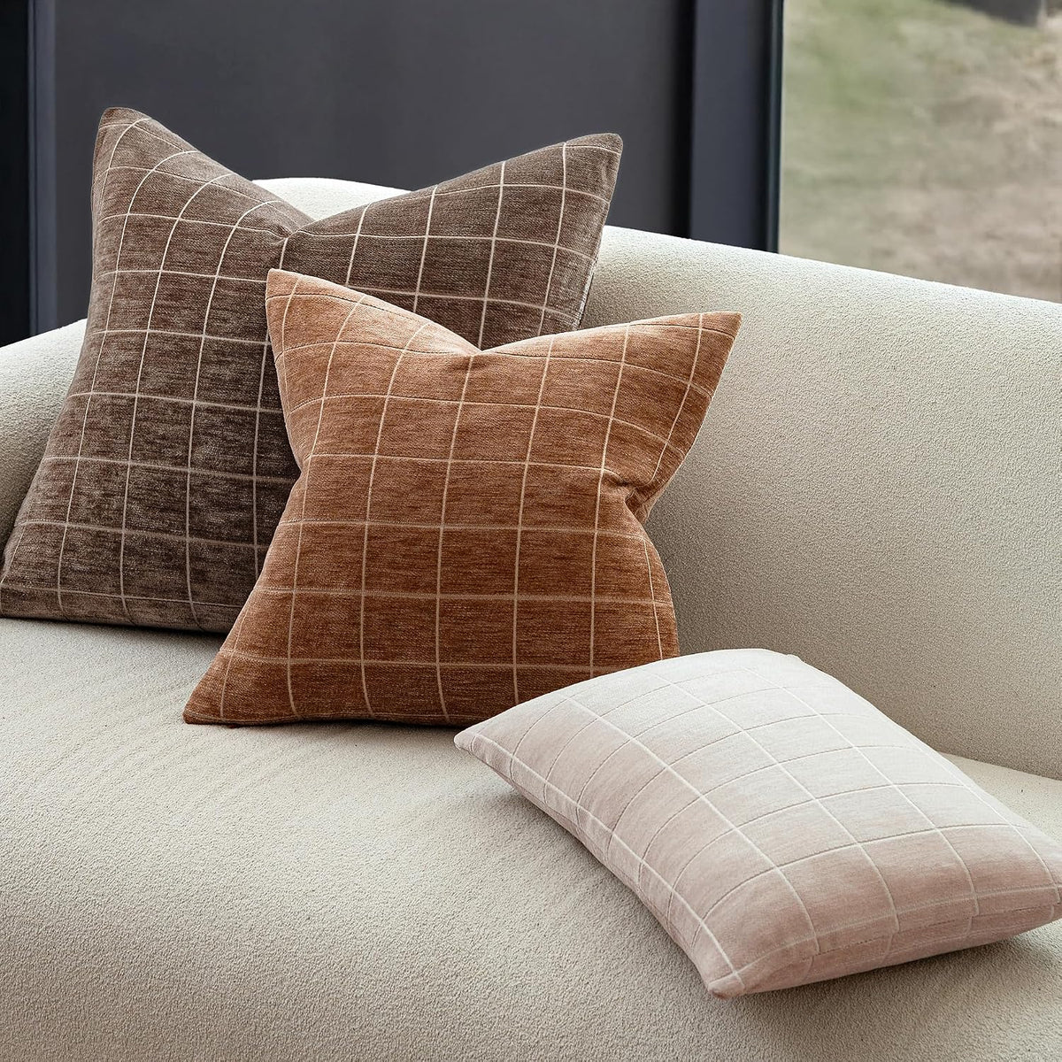 Decorative Chenille Plaid Fall Throw Pillow Covers Camel 18x18 Set of 2