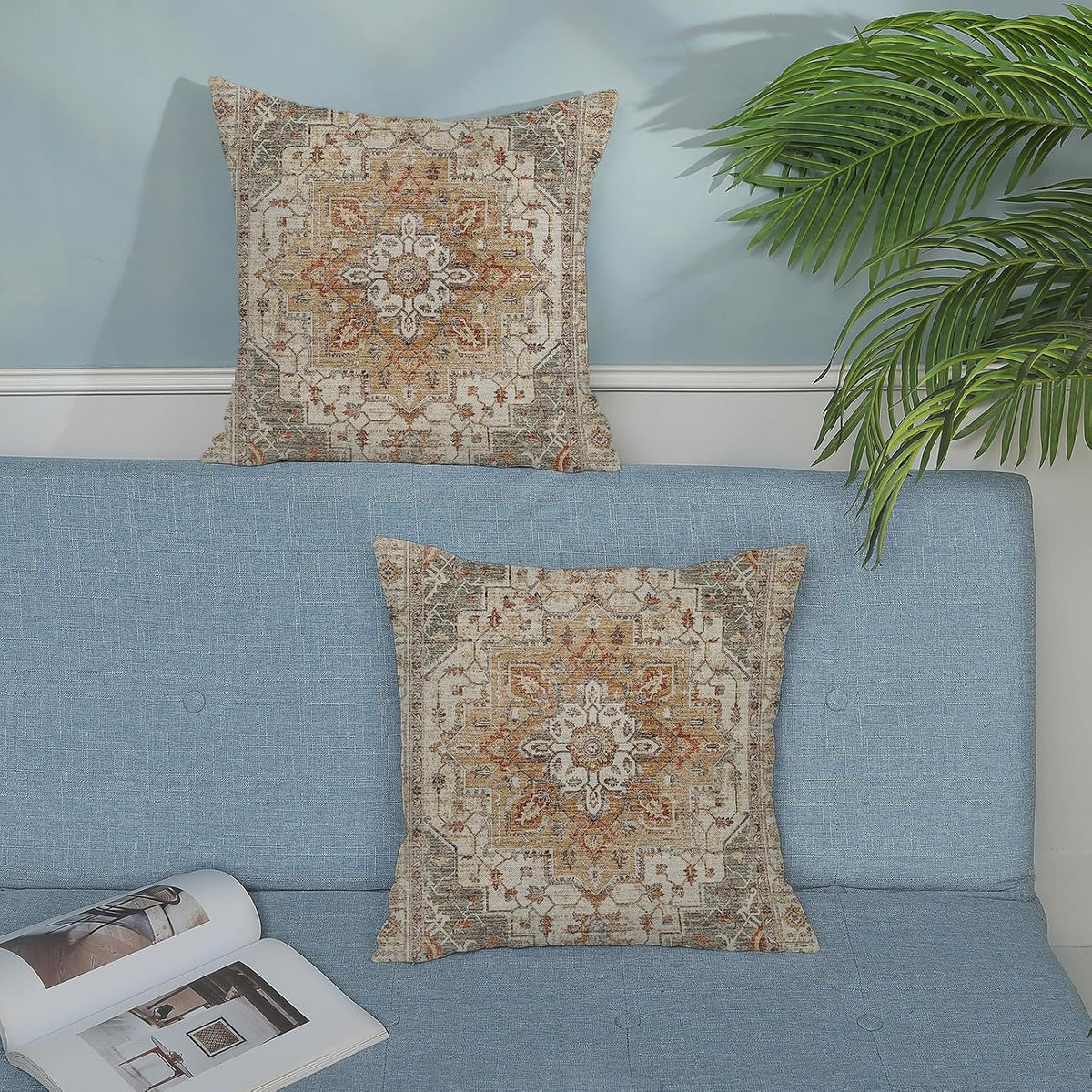 Boho Pillow Covers 18x18 Inch 2 Pcs Vintage Burnt Orange Grey Beige Carpet Pattern Ethnic Decor Throw Pillows Retro Outdoor Farmhouse Decoration Pillowcase Linen Cushion Cover for Couch Sofa