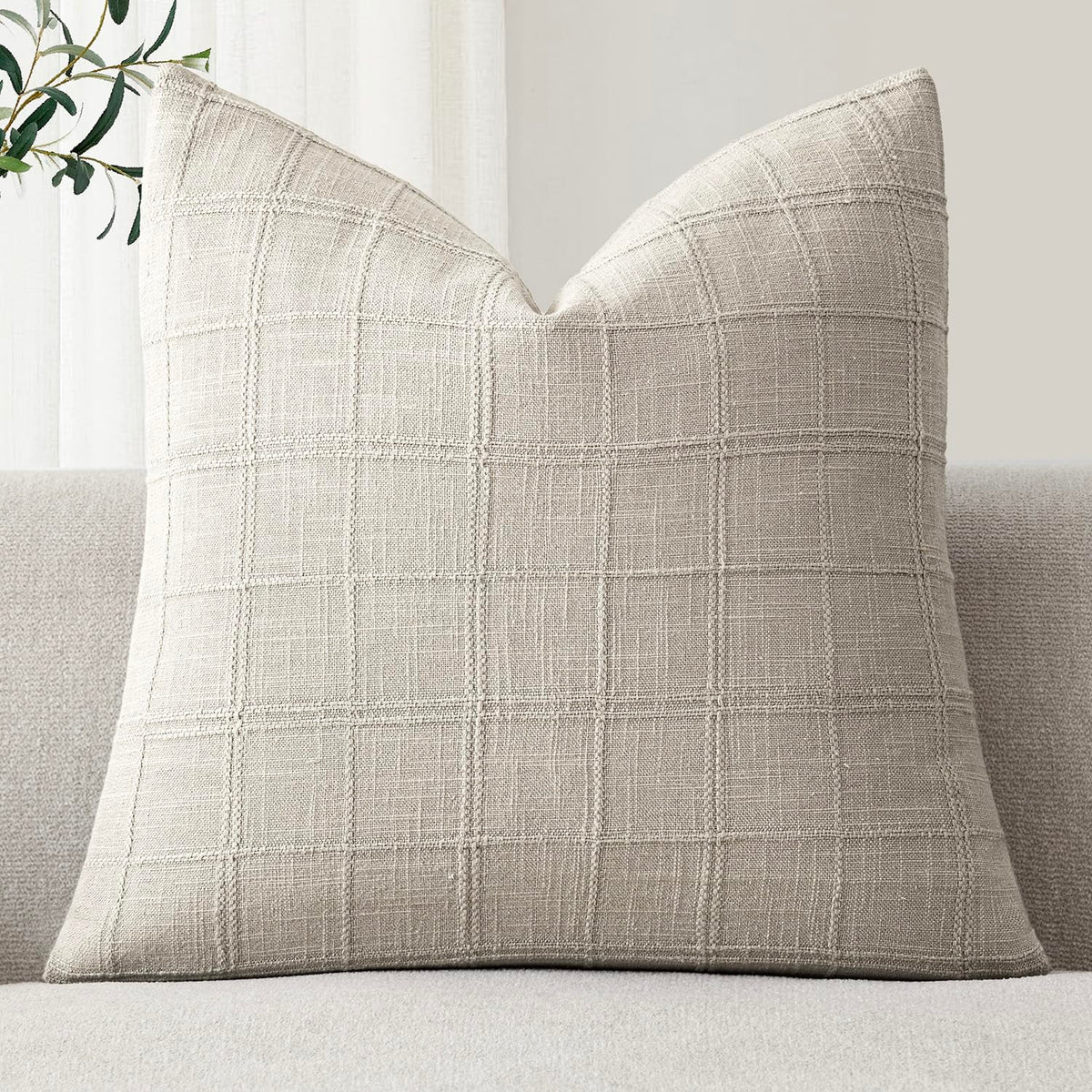 Foindtower Set of 1 Decorative Linen Check Throw Pillow Cover Neutral Farmhouse Lumbar Cushion Cover Modern Boho Home Decor for Sofa Chair Couch Bedroom Living Room,12×20 Inch,Olive Green