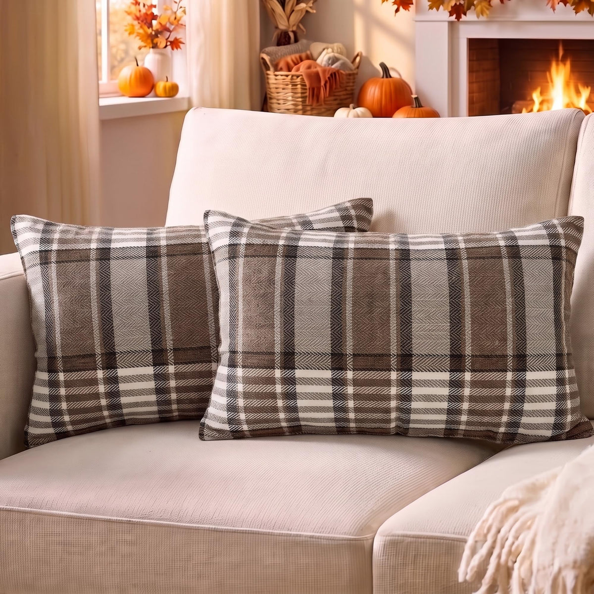 Brown Plaid Farmhouse Checkered Throw Pillow Cover 20x20 for Bed Couch Sofa