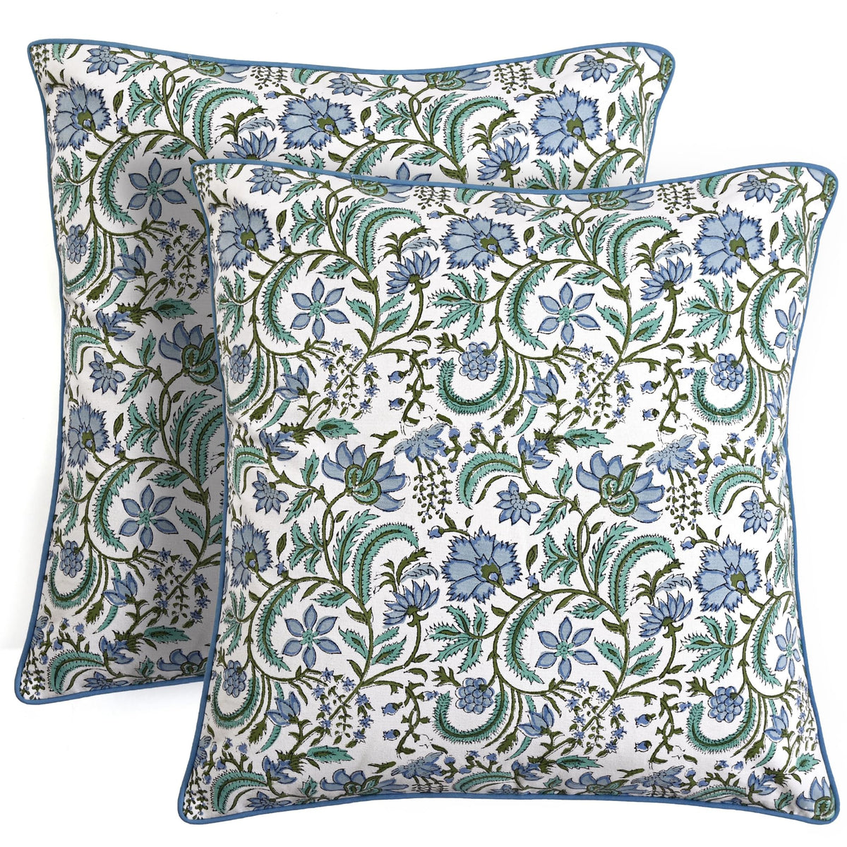 Ridhi Asparagus Green Block Print Cotton Pillow Cover 16x16 Inch Set of 2