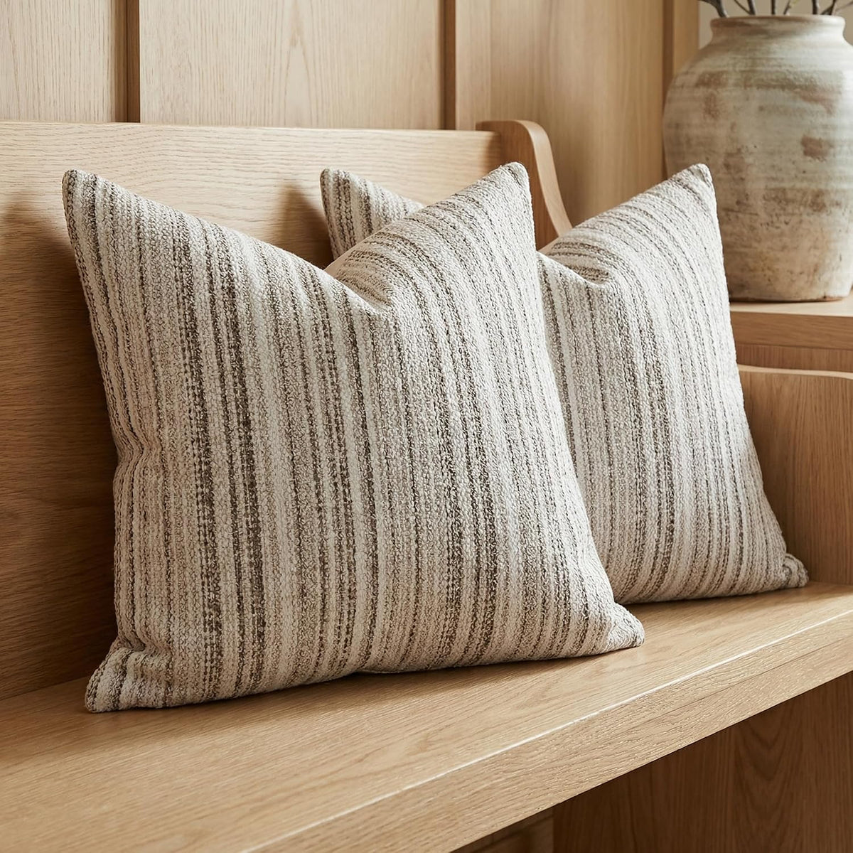 Set of 2 Striped Chenille Throw Pillow Covers 18x18 Inches Premium Plush Textured Decorative Cushion Covers Reinforced Hidden Zipper Mid-Century Modern Farmhouse Decor for Couch Sofa Beige