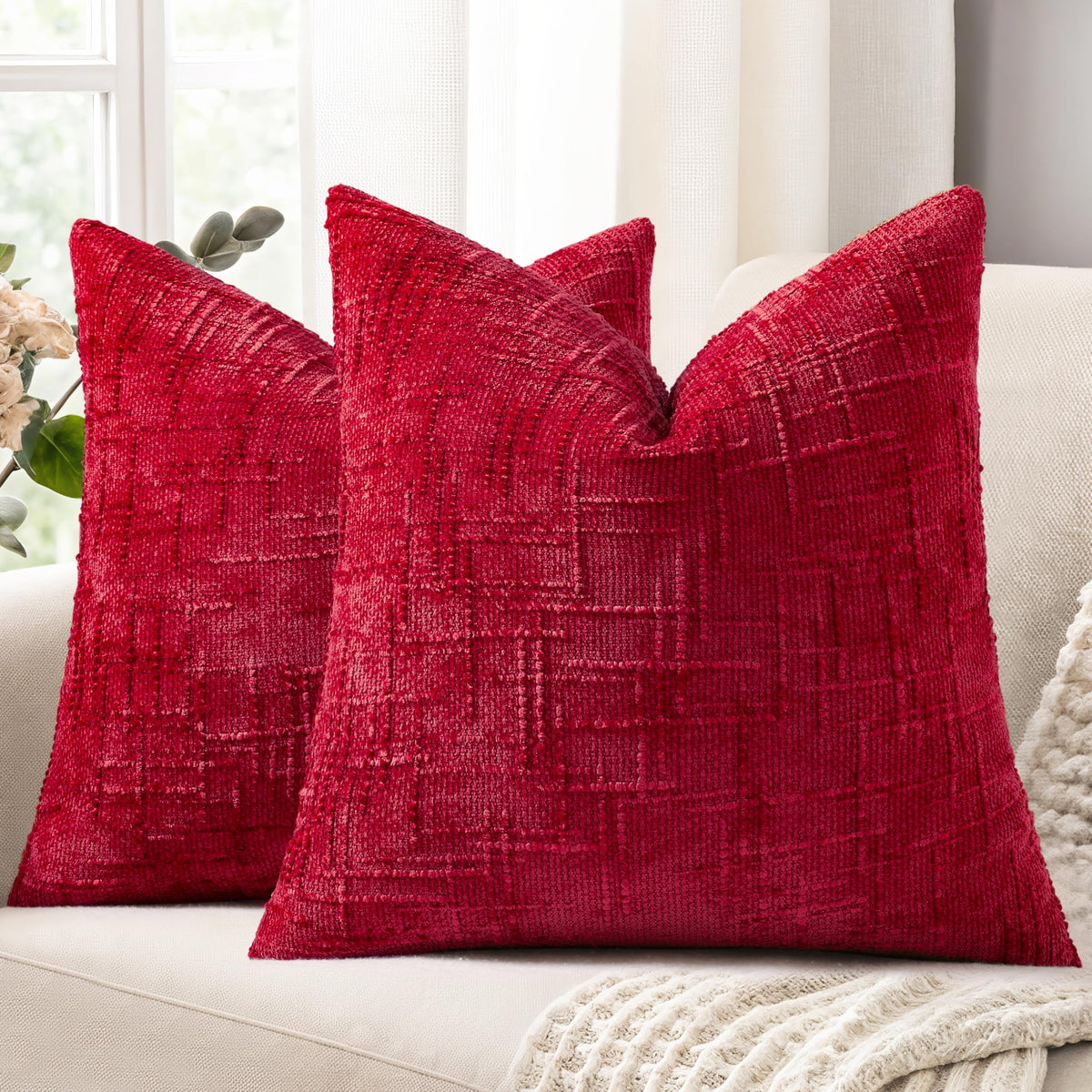 decorUhome Textured Chenille Throw Pillow Covers 18x18 Set of 2 Ivory