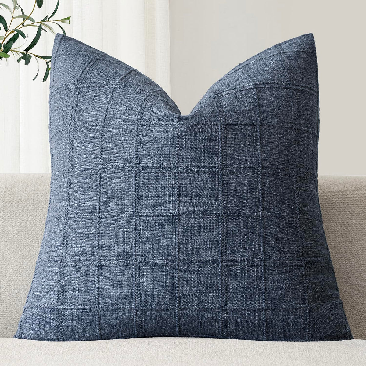 Foindtower Set of 1 Decorative Linen Check Throw Pillow Cover Neutral Farmhouse Lumbar Cushion Cover Modern Boho Home Decor for Sofa Chair Couch Bedroom Living Room,12×20 Inch,Olive Green