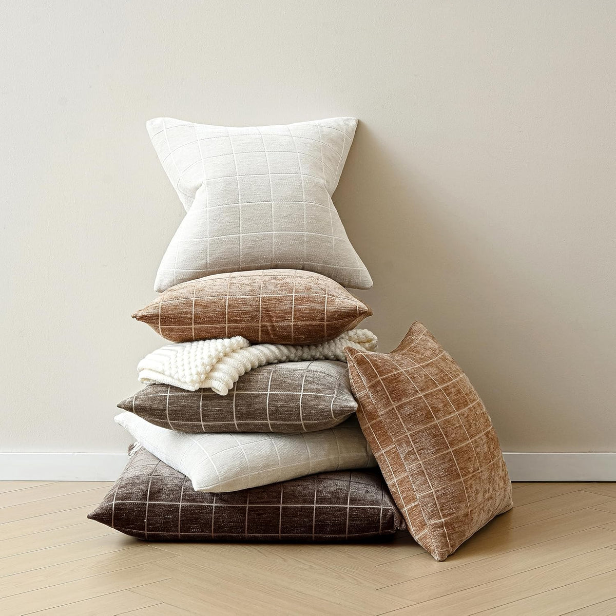 Decorative Chenille Plaid Fall Throw Pillow Covers Camel 18x18 Set of 2