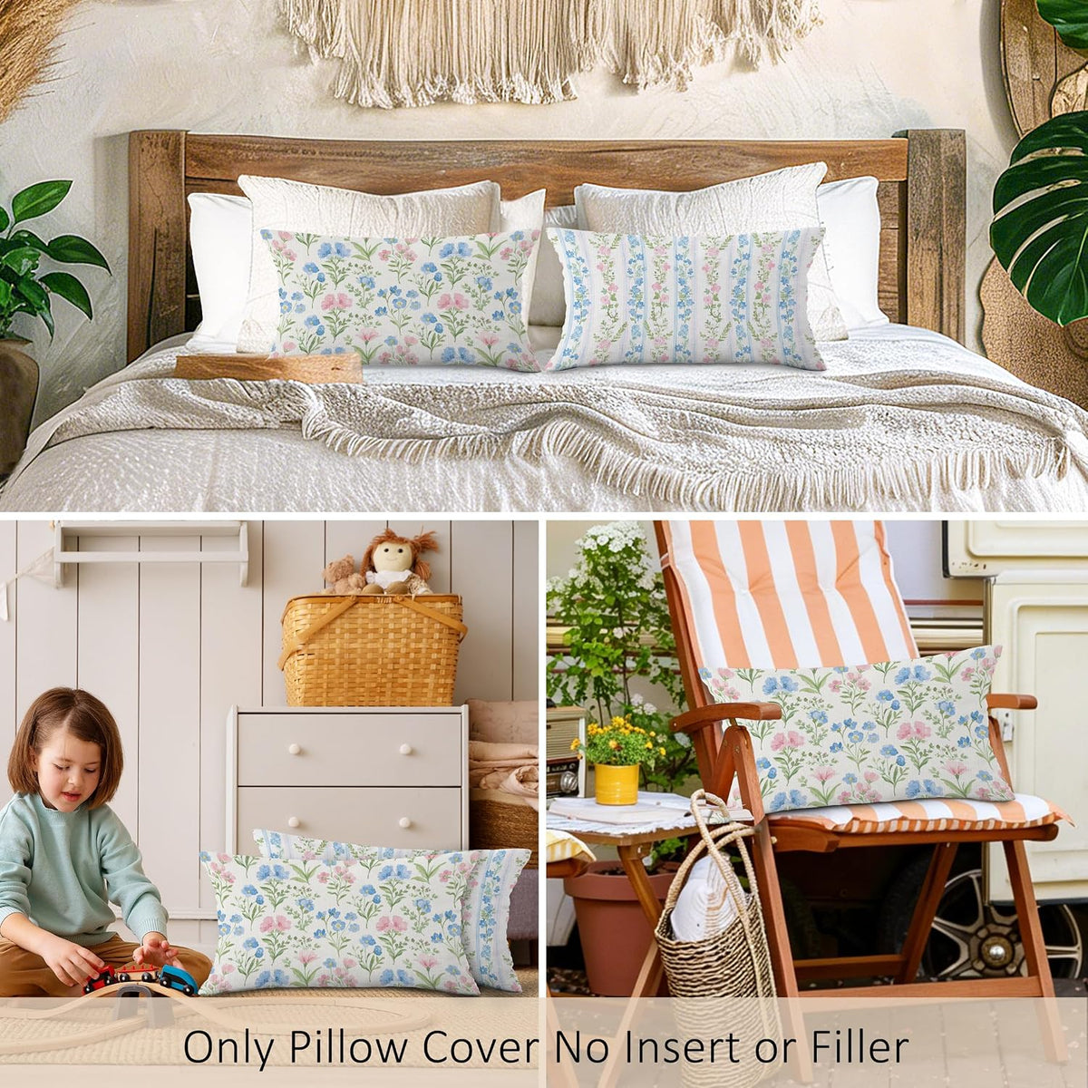 Preppy Pink and Blue Floral Throw Pillow Covers Set of 2