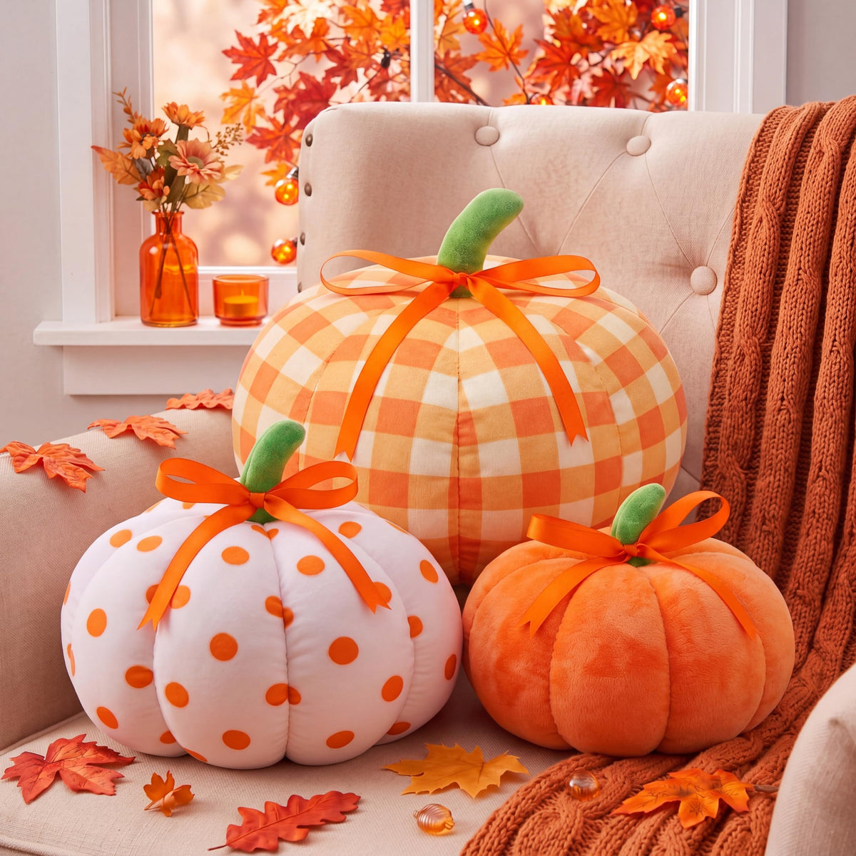 Yookeer 3 Pcs Pumpkin Throw Pillows Sherpa Fall Decor, Pink