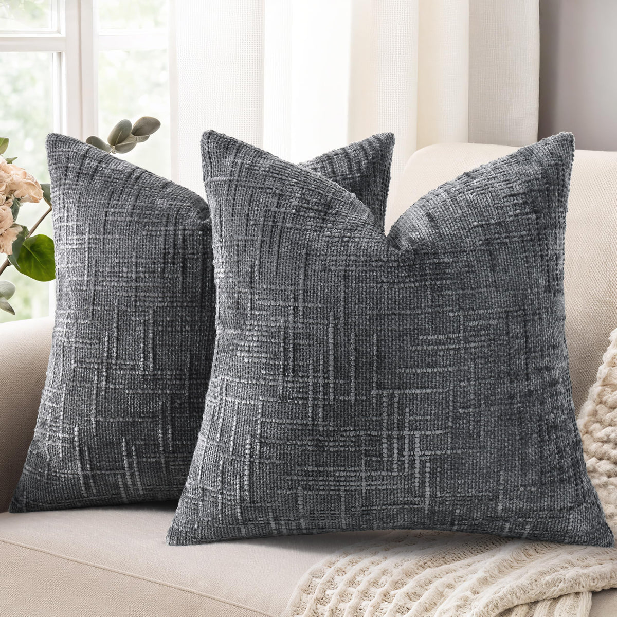 decorUhome Textured Chenille Throw Pillow Covers 18x18 Set of 2 Ivory