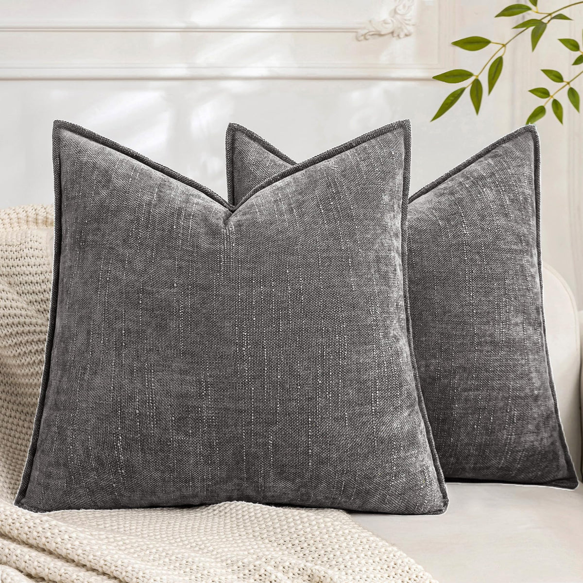Set of 2 Soft Textured Decorative Throw Pillow Covers 18x18 Inch Cozy Farmhouse Cushion Cover Square Accent Pillow Cases for Bed Couch Sofa Living Room, Taupe Grey
