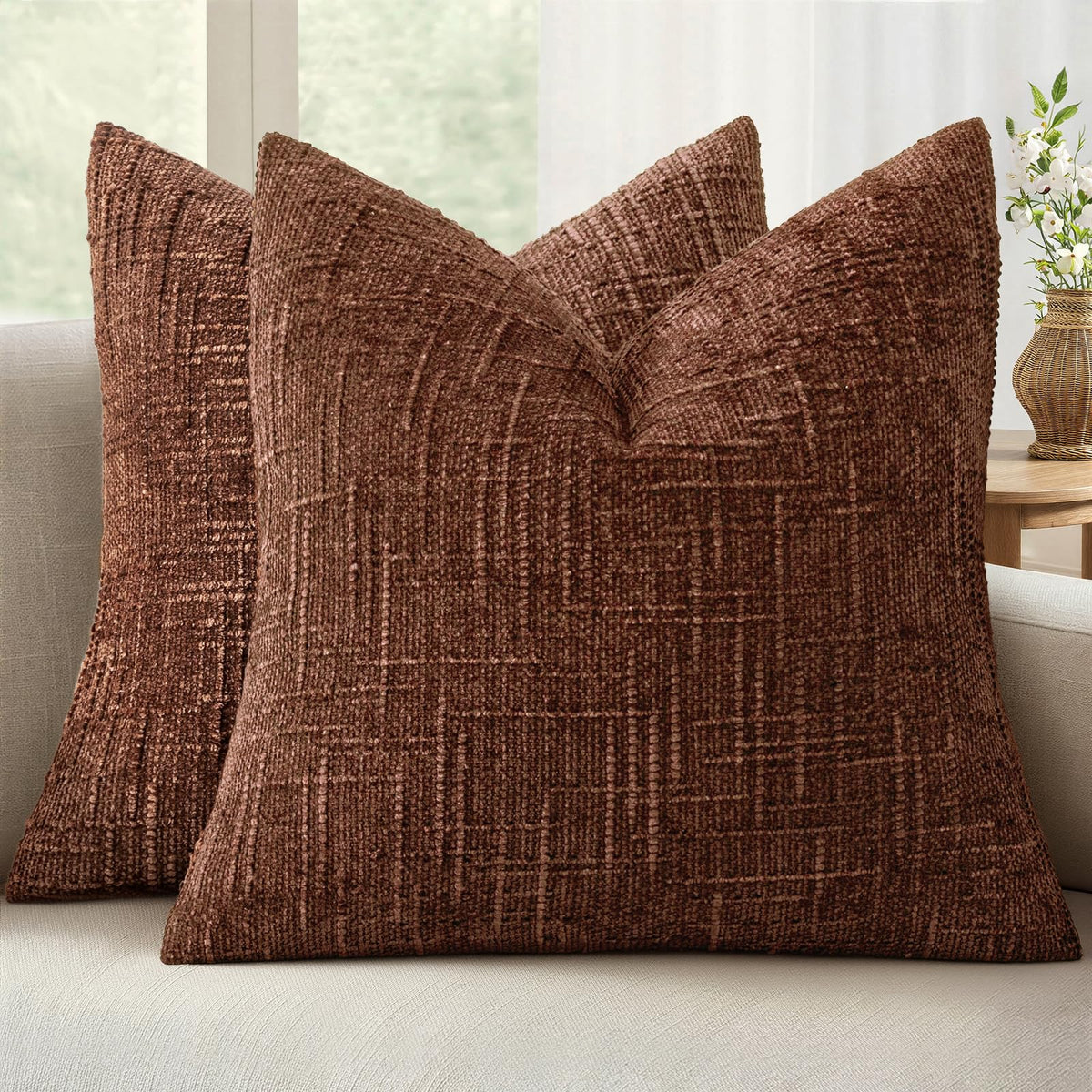 MIULEE Chenille Textured Throw Pillow Covers Cream White 18x18 Set of 2
