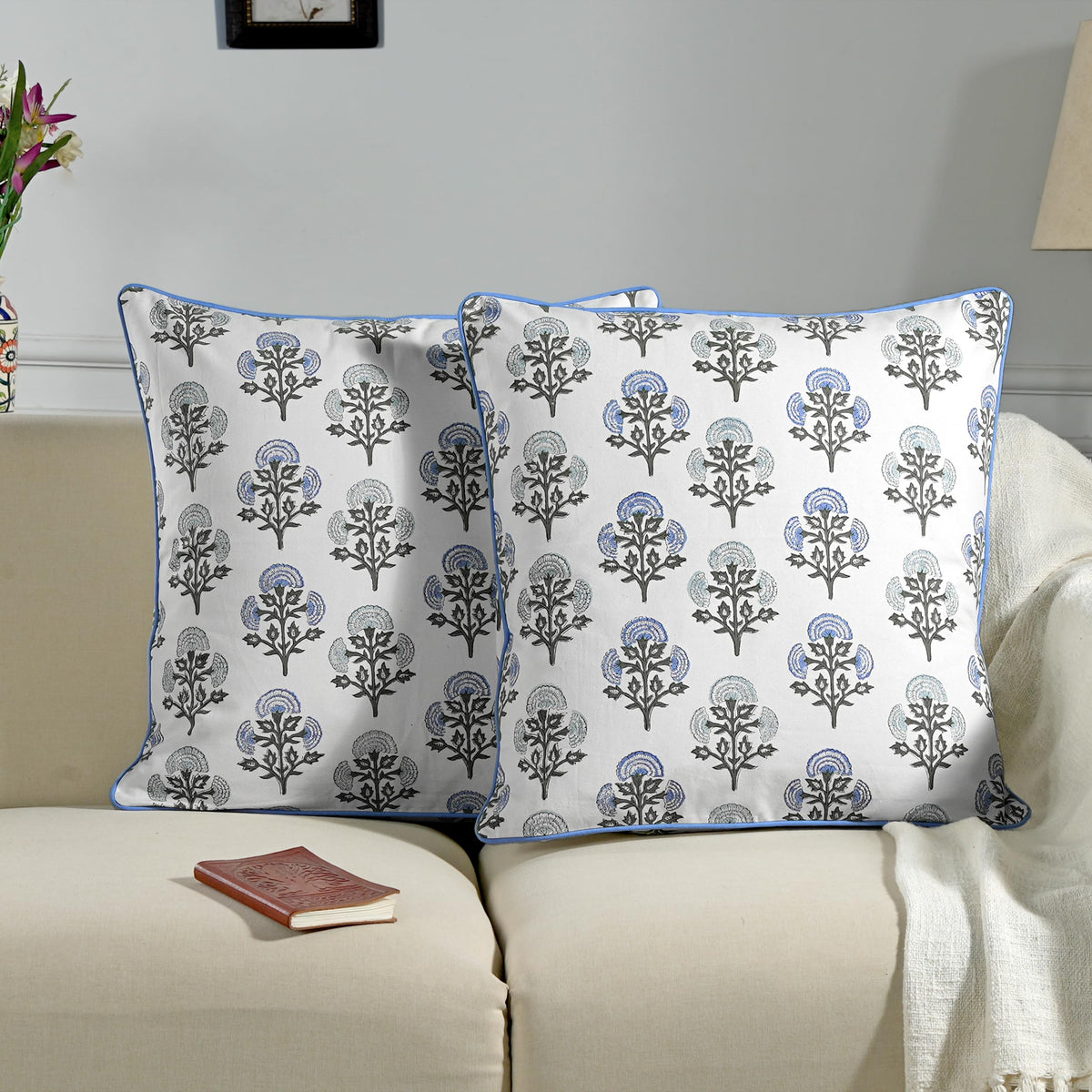 Ridhi Asparagus Green Block Print Cotton Pillow Cover 16x16 Inch Set of 2