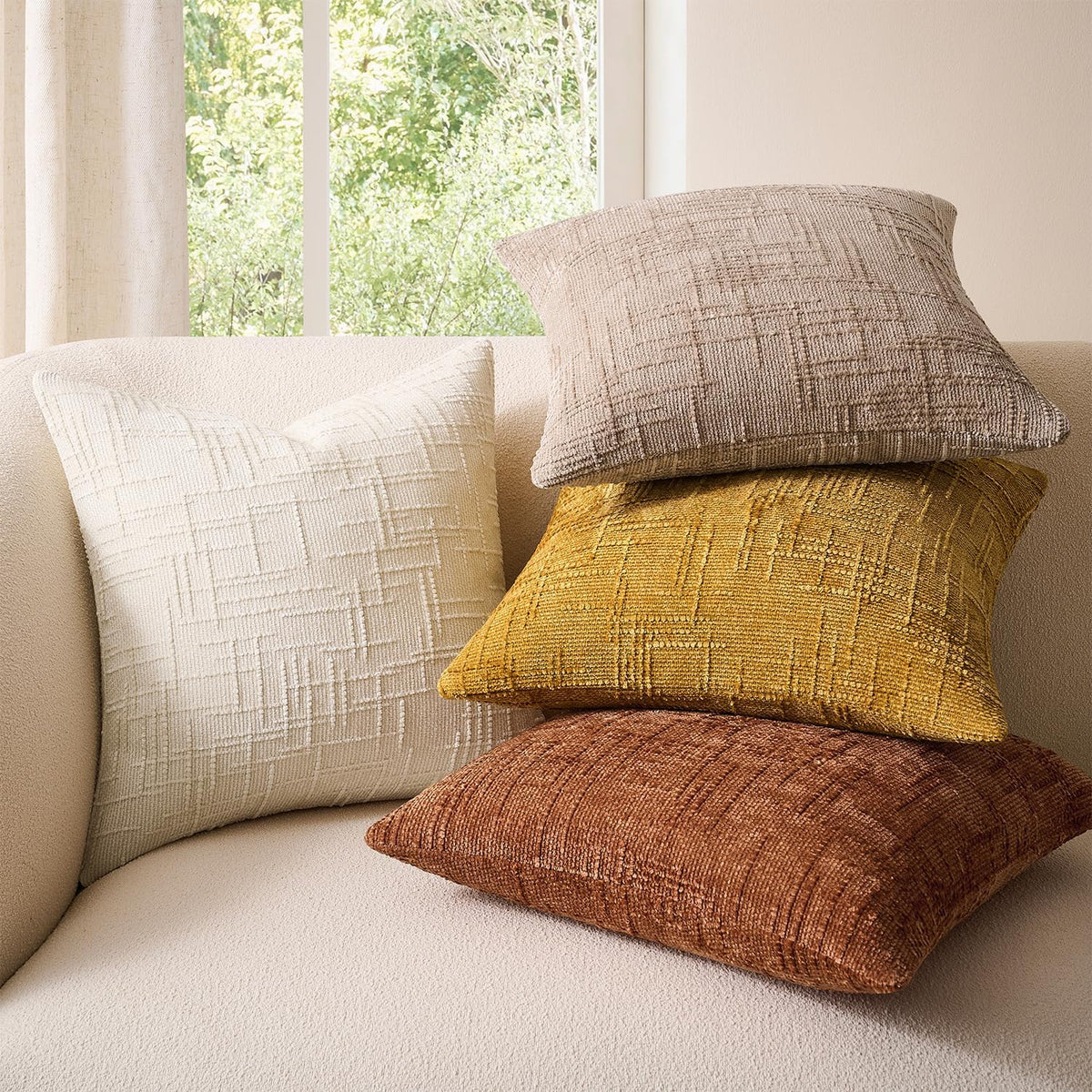 Throw Pillow Covers Mustard Yellow Set of 2 18x18 Inch Pillow Covers, Soft Fall Chenille Neutral Decorative Covers for Couch Sofa Bed Living Room, Home Modern Farmhouse Boho Decor
