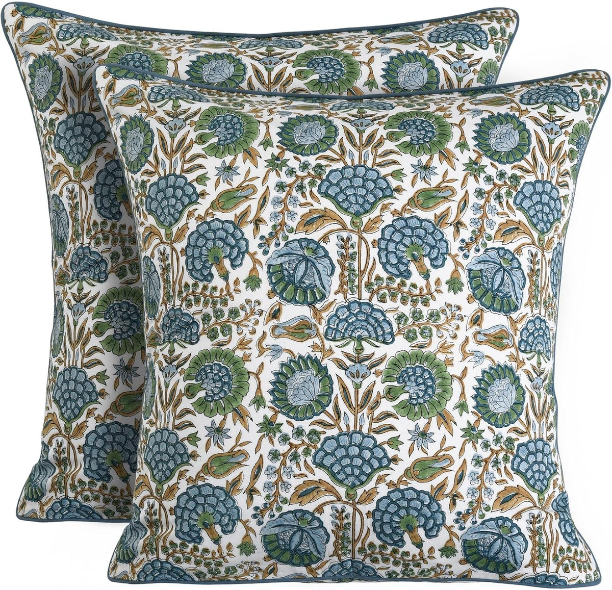 Ridhi Asparagus Green Block Print Cotton Pillow Cover 16x16 Inch Set of 2