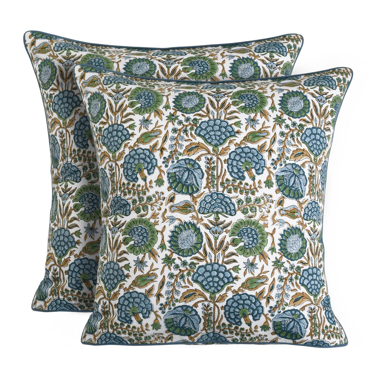 Ridhi Asparagus Green Block Print Cotton Pillow Cover 16x16 Inch Set of 2