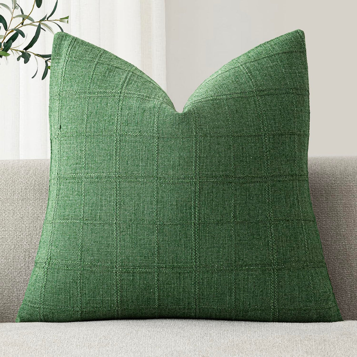Foindtower Set of 1 Decorative Linen Check Throw Pillow Cover Neutral Farmhouse Lumbar Cushion Cover Modern Boho Home Decor for Sofa Chair Couch Bedroom Living Room,12×20 Inch,Olive Green