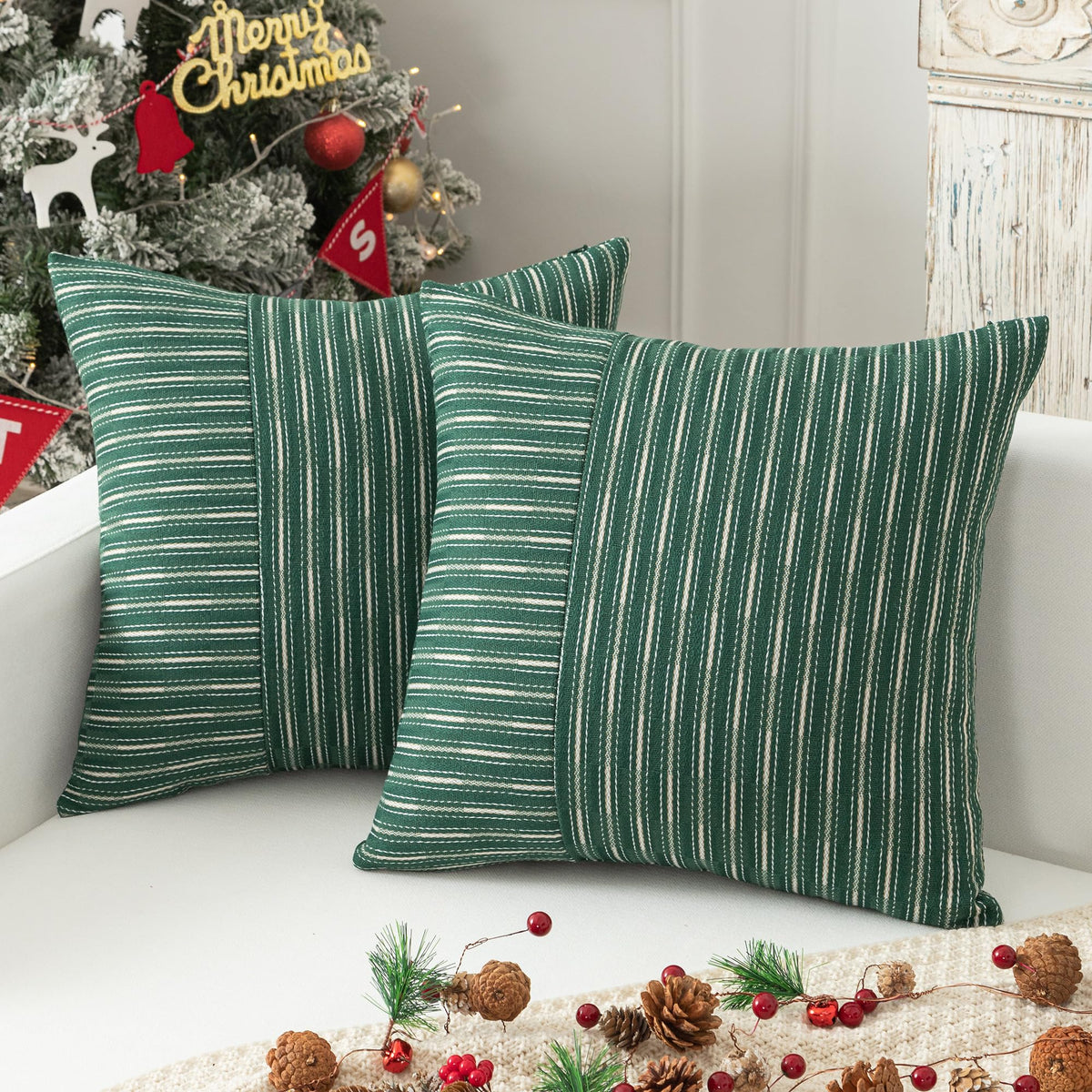 Kevin Textile Valentines Farmhouse Decorative Throw Pillow Covers Boho Woven Texture Burlap Linen Cushion Cover Striped Pillowcase, Wine Red 18 x 18 inches Pack of 2