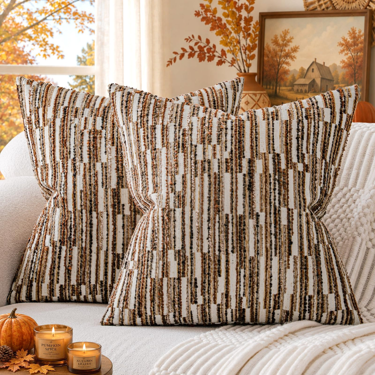 Boho Striped Decorative Throw Pillow Covers 20"X20" Set of 2,Moss Green