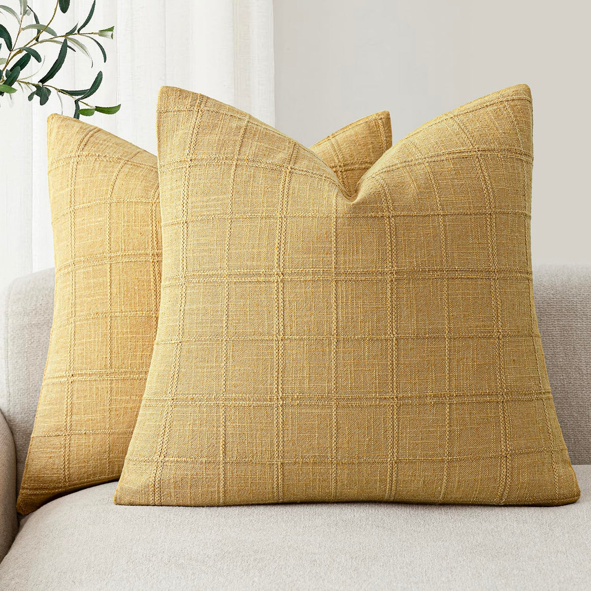 Foindtower Linen Check Decorative Throw Pillow Covers 18×18 Natural Beige