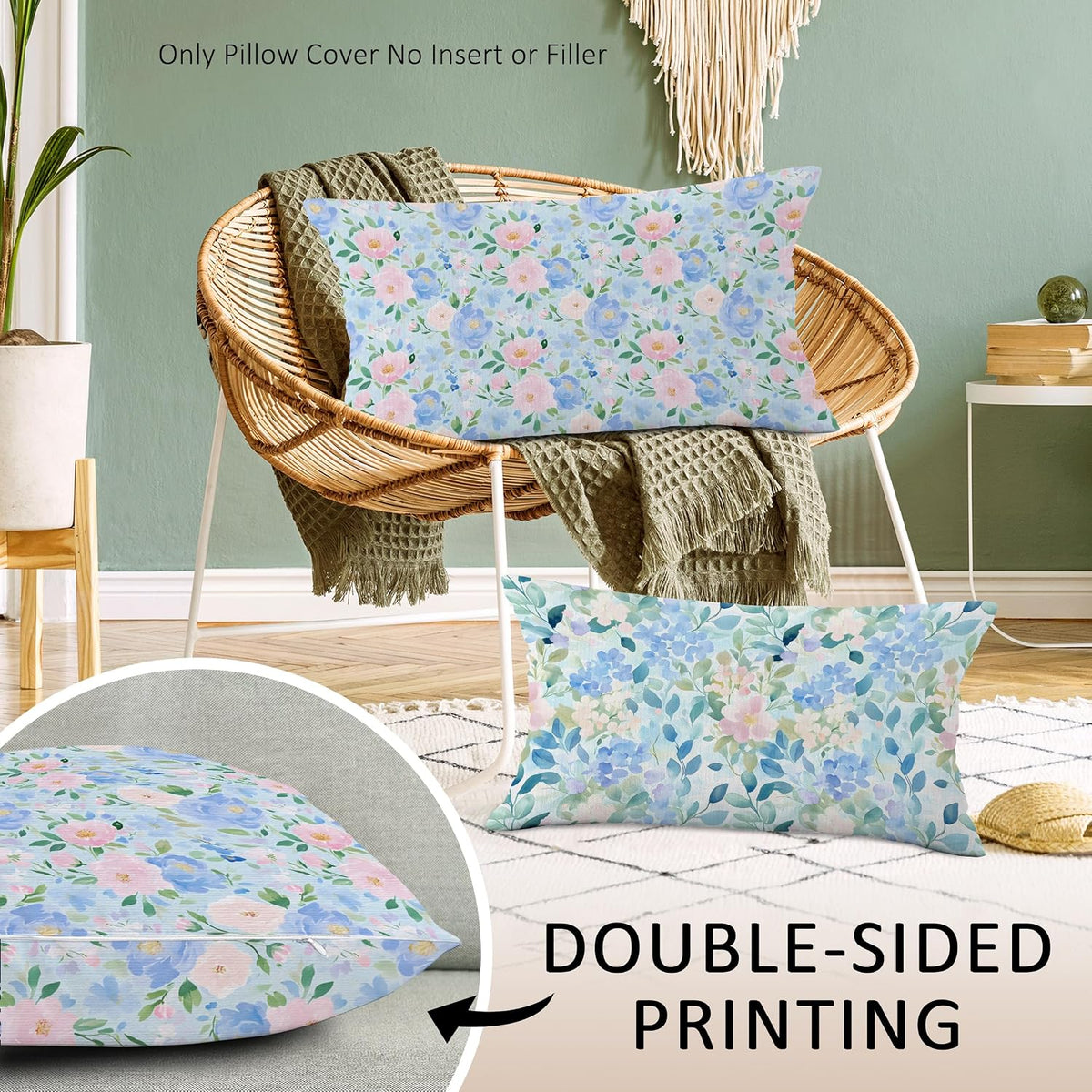 Preppy Blue and Pink Cottage Floral Throw Pillow Covers Set of 2