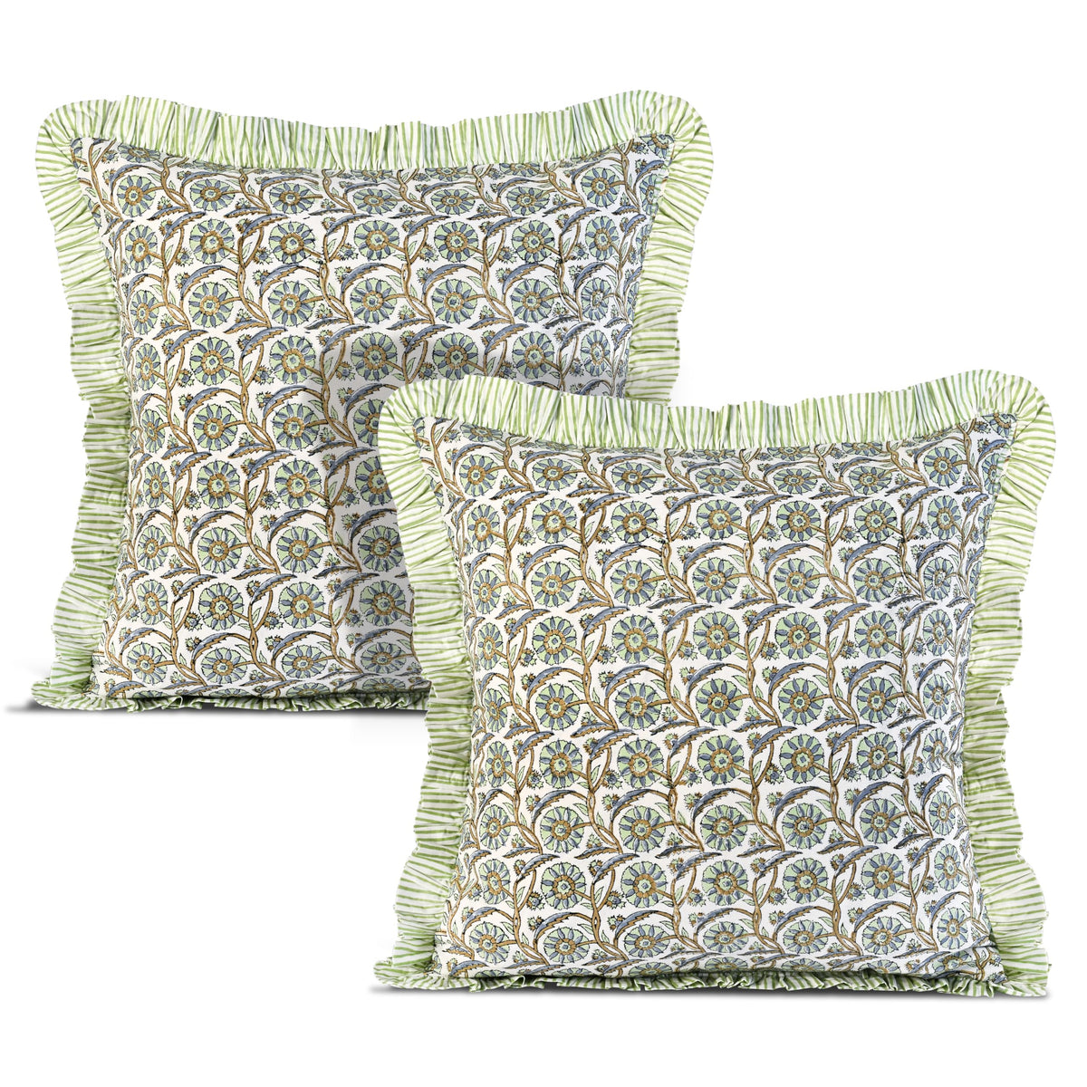 Ridhi Goldenrod Yellow Block Print Ruffle Pillow Covers 18x18 Inch Set of 2
