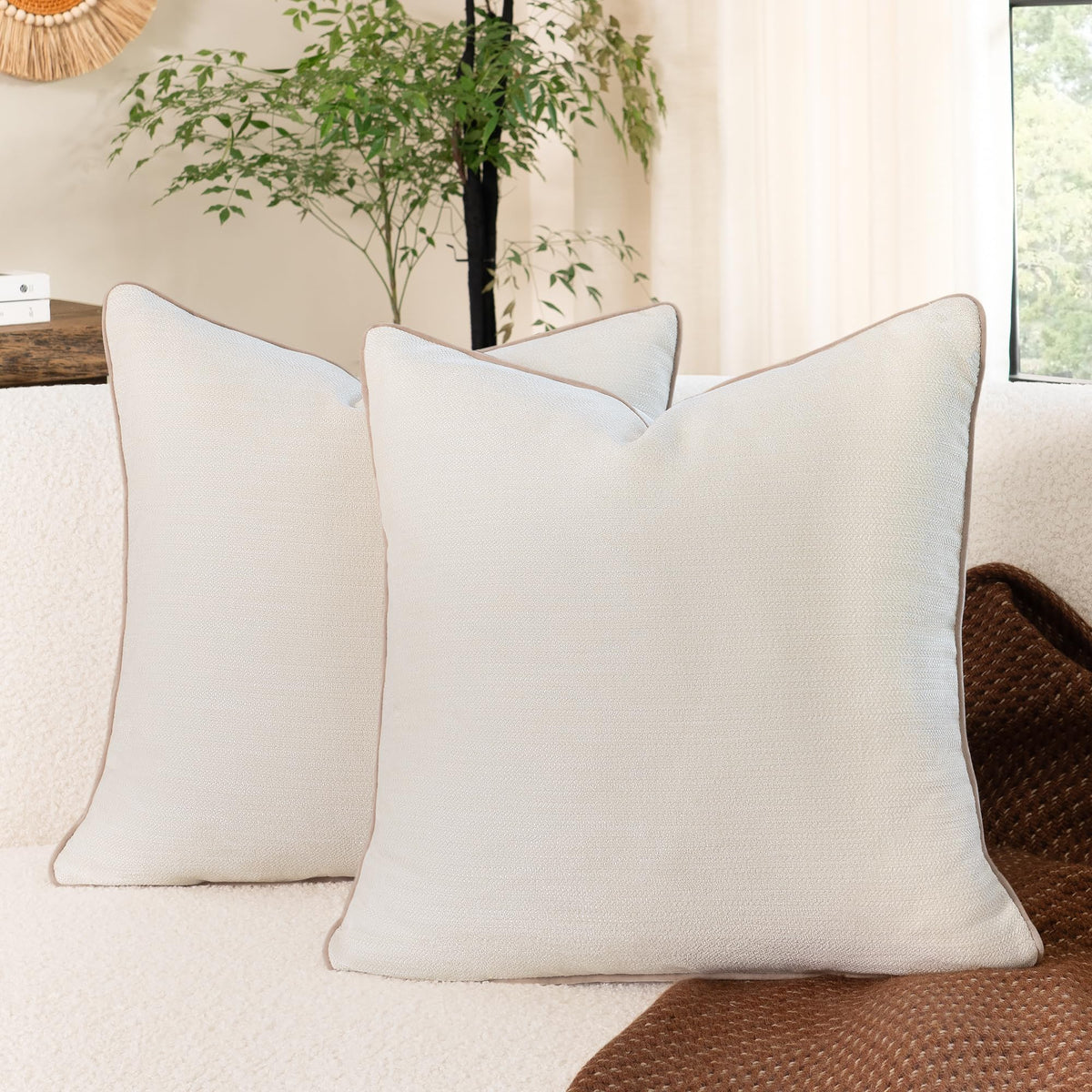 MATTINS Dusty Blue Cotton Throw Pillow Covers 22x22 Set of 2, Solid Decorative Pillow Covers with Chenille Texture and Velvet Back, Neutral Farmhouse Cushion Covers for Sofa Couch Bedroom