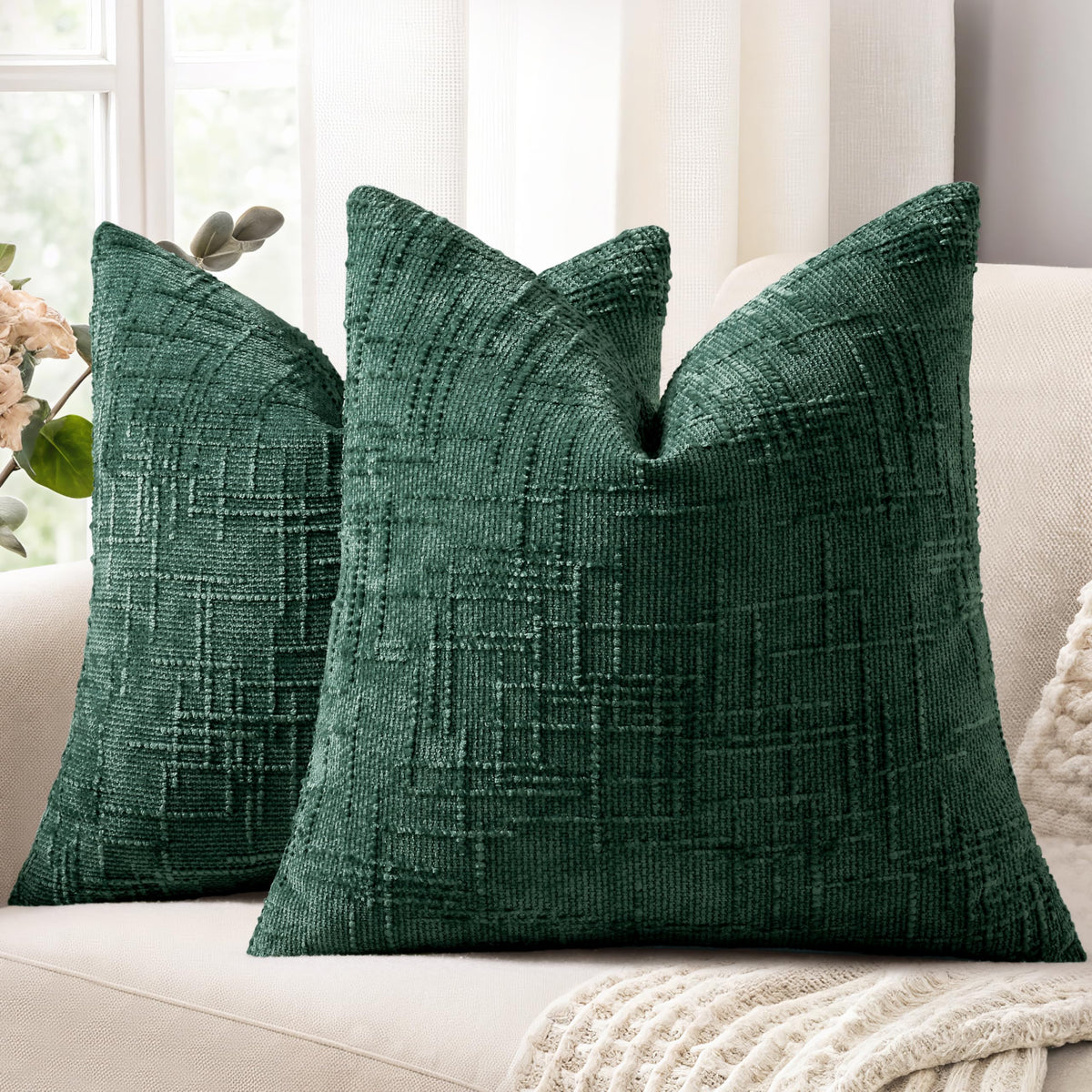 decorUhome Textured Chenille Throw Pillow Covers 18x18 Set of 2 Ivory