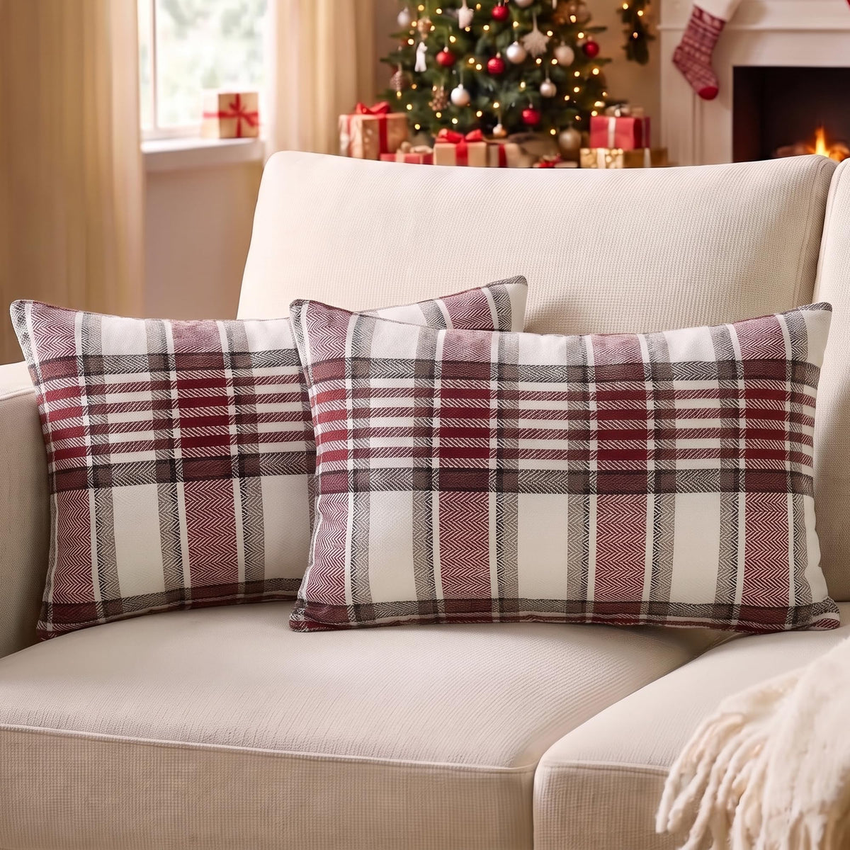 Brown Plaid Farmhouse Checkered Throw Pillow Cover 20x20 for Bed Couch Sofa