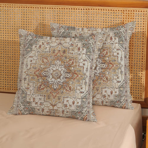 Boho Pillow Covers 18x18 Inch 2 Pcs Vintage Burnt Orange Grey Beige Carpet Pattern Ethnic Decor Throw Pillows Retro Outdoor Farmhouse Decoration Pillowcase Linen Cushion Cover for Couch Sofa