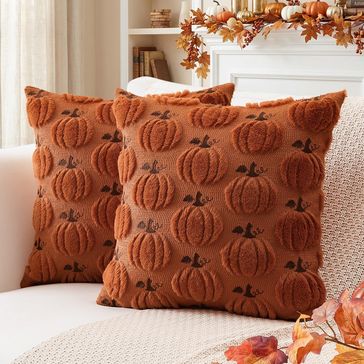 Artscope Fall Pumpkin Throw Pillow Covers 18x18 Set of 2, Autumn Soft Plush Faux Fur Decoration Cushion Covers for Thanksgiving Holiday Couch Sofa Bedroom Home Decor-Beige