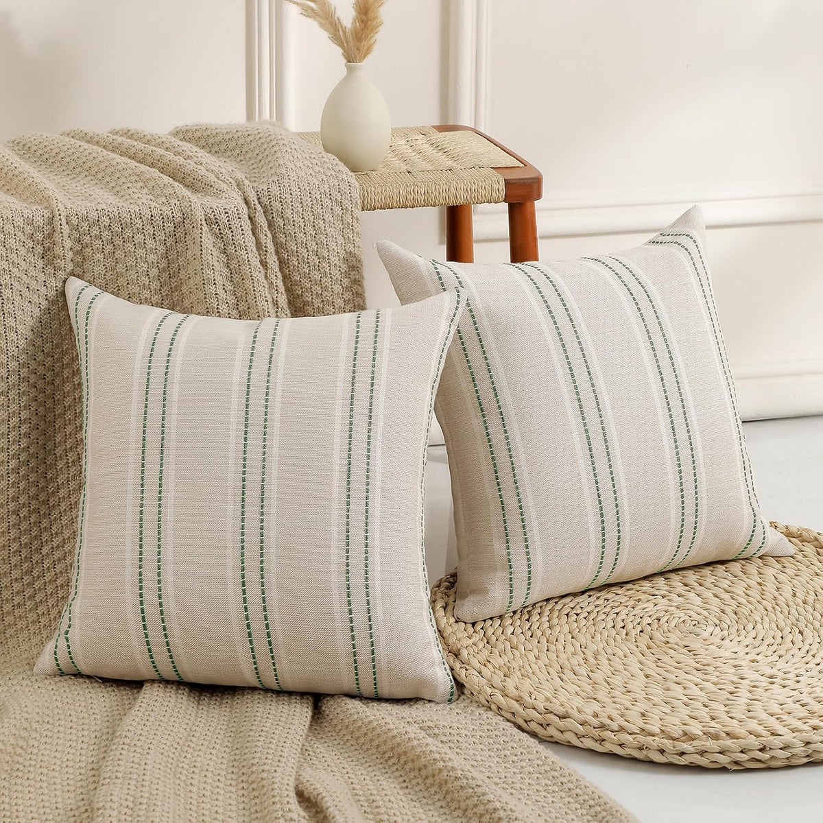 Hckot Sage Green Throw Pillow Covers 20x20 Set of 2 Striped Pillow Covers