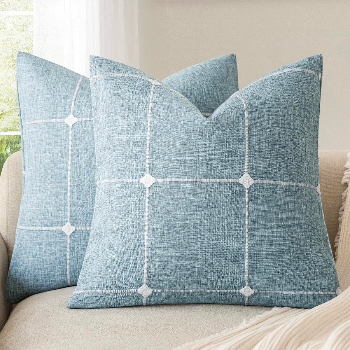 Foindtower Pack of 2 Decorative Faux Linen Jacquard Check Throw Pillow Covers Farmhouse Cushion Cover with Grid Textured Accent Pillowcase for Couch Sofa Living Room Home Decor,20×20 Inch,Oatmeal