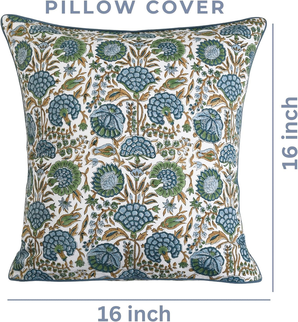 Ridhi Asparagus Green Block Print Cotton Pillow Cover 16x16 Inch Set of 2