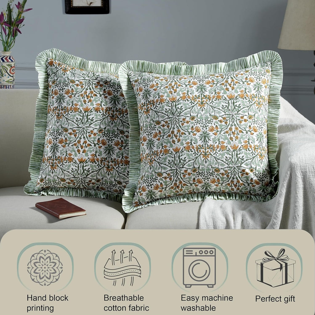 Ridhi Goldenrod Yellow Block Print Ruffle Pillow Covers 18x18 Inch Set of 2