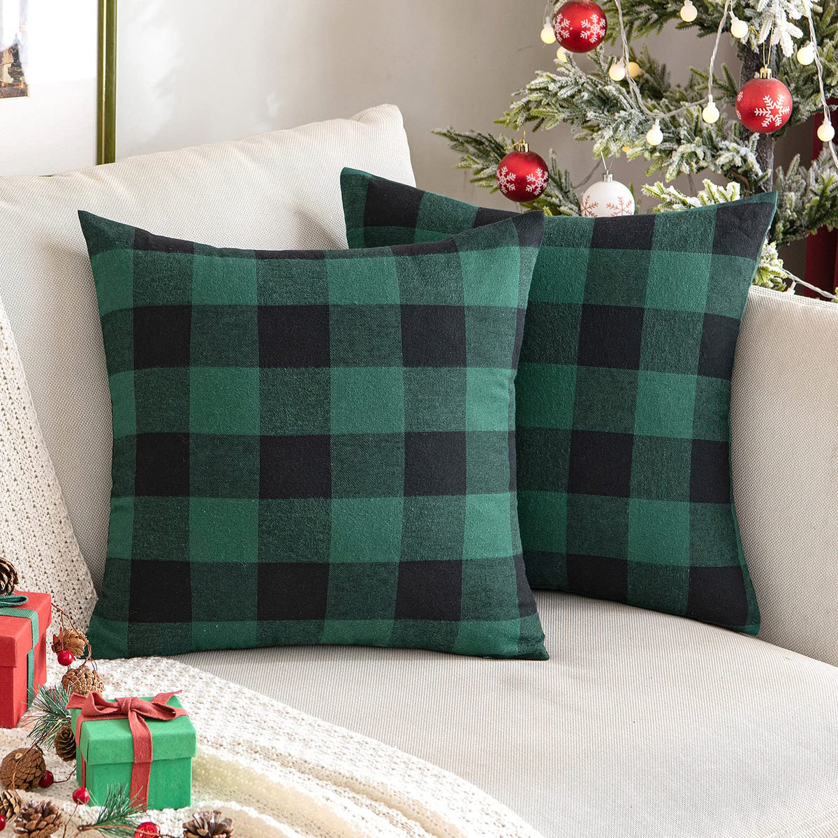 MIULEE Christmas Plaid Pillow Covers 18x18 White and Red Pack of 2