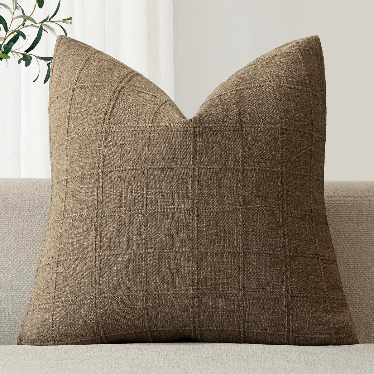Foindtower Set of 1 Decorative Linen Check Throw Pillow Cover Neutral Farmhouse Lumbar Cushion Cover Modern Boho Home Decor for Sofa Chair Couch Bedroom Living Room,12×20 Inch,Olive Green