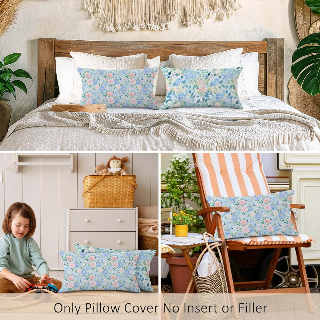 Preppy Blue and Pink Cottage Floral Throw Pillow Covers Set of 2