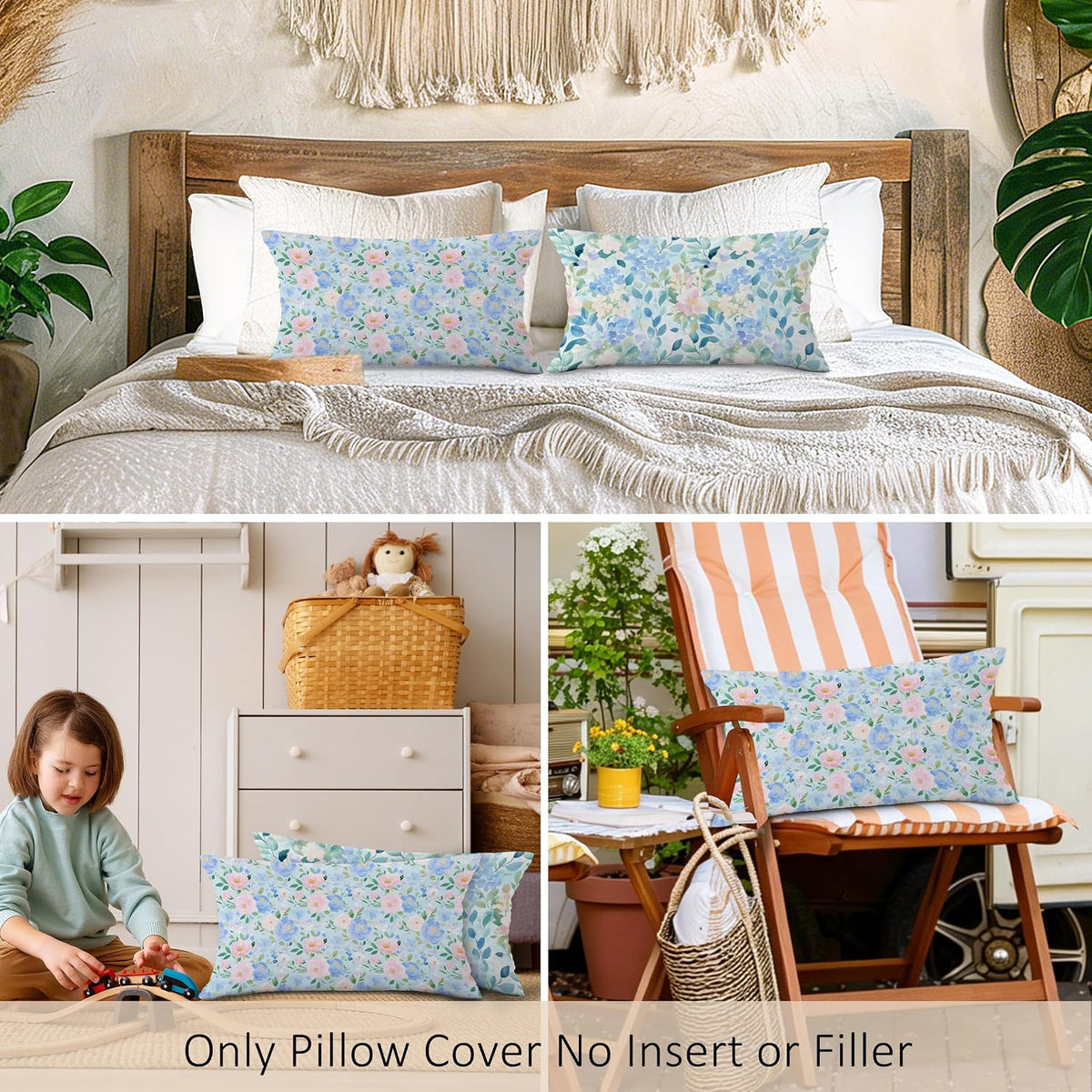 Preppy Blue and Pink Cottage Floral Throw Pillow Covers Set of 2