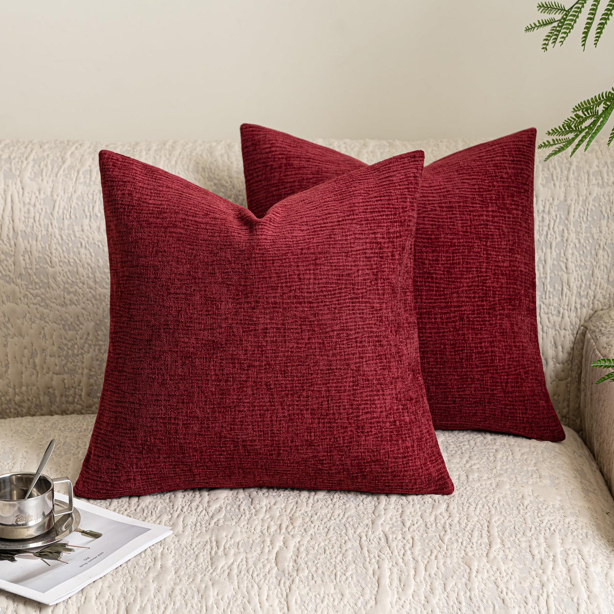 Stellhome Pack of 2 Soft Textured Throw Decorative Pillow Covers Square Accent Solid Cushion Cover Cozy Farmhouse Pillow Case for Couch Sofa Bedroom Living Room 18x18 Inch, Natural Beige