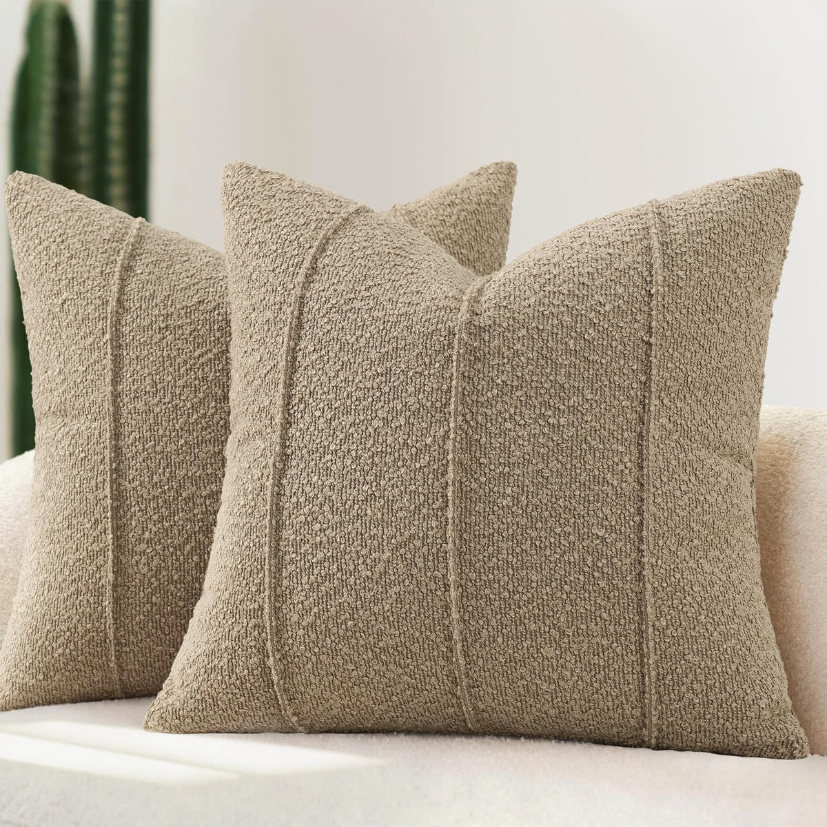 YCOLL Textured Boucle Throw Pillow Covers 20x20 Pack of 2 - Soft Neutral Striped Cushion Covers, Cozy Accent Decorative Pillow Covers for Couch, Sofa, Bed, Living Room (Ivory)