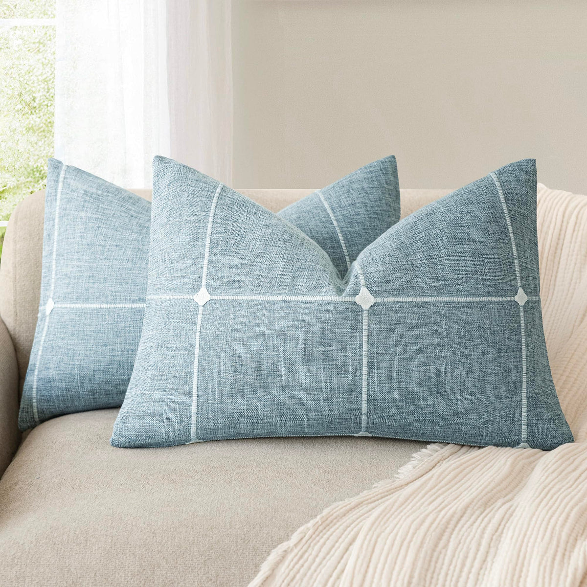 Foindtower Pack of 2 Decorative Faux Linen Jacquard Check Throw Pillow Covers Farmhouse Cushion Cover with Grid Textured Accent Pillowcase for Couch Sofa Living Room Home Decor,20×20 Inch,Oatmeal