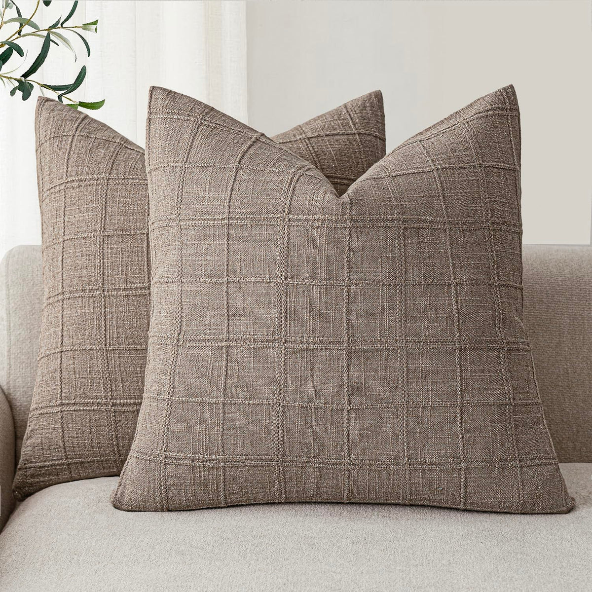 Foindtower Linen Check Decorative Throw Pillow Covers 18×18 Natural Beige