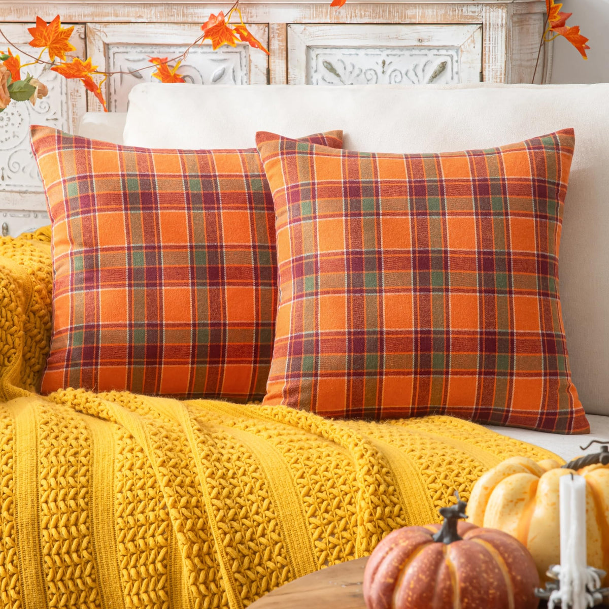 AQOTHES Fall Plaid Orange Throw Pillow Covers 18x18 Inch Set of 2