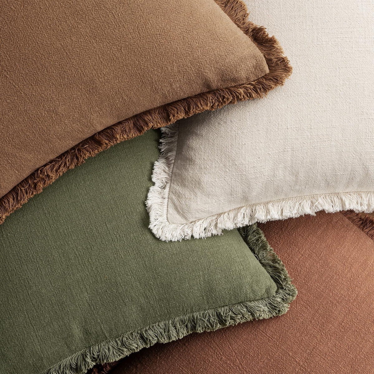 MIULEE Fall Linen Fringe Pillow Covers Set of 4 18x18 Beige/Brown/Green