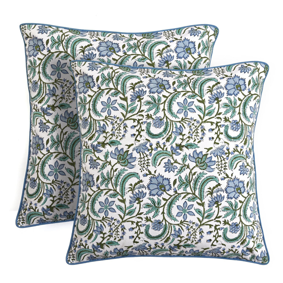 Ridhi Asparagus Green Block Print Cotton Pillow Cover 16x16 Inch Set of 2