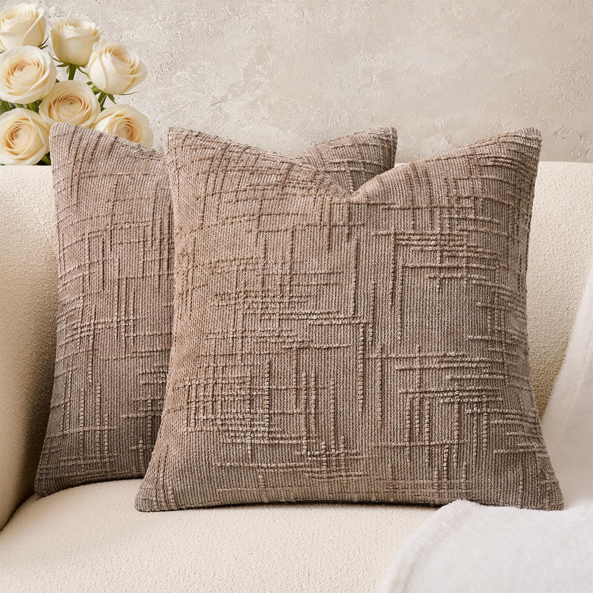 Throw Pillow Covers Mustard Yellow Set of 2 18x18 Inch Pillow Covers, Soft Fall Chenille Neutral Decorative Covers for Couch Sofa Bed Living Room, Home Modern Farmhouse Boho Decor