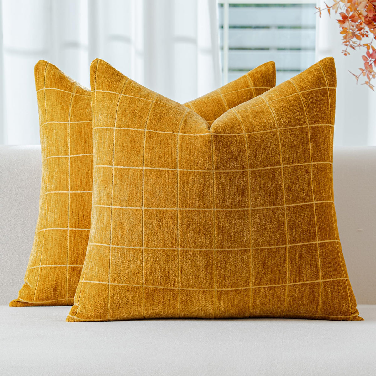Decorative Chenille Plaid Fall Throw Pillow Covers Camel 18x18 Set of 2