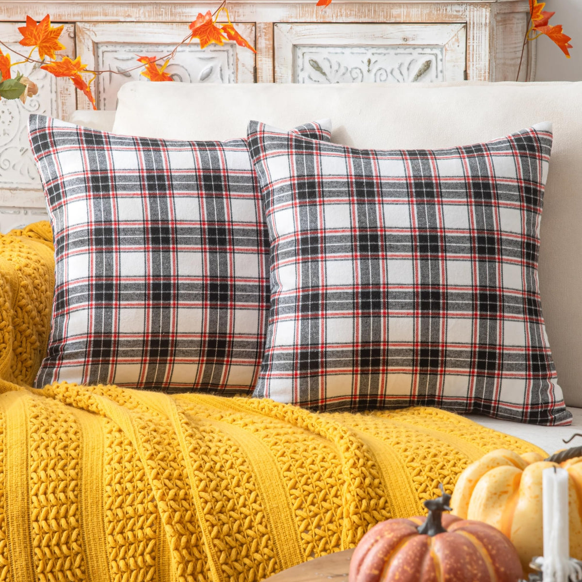 AQOTHES Fall Plaid Orange Throw Pillow Covers 18x18 Inch Set of 2