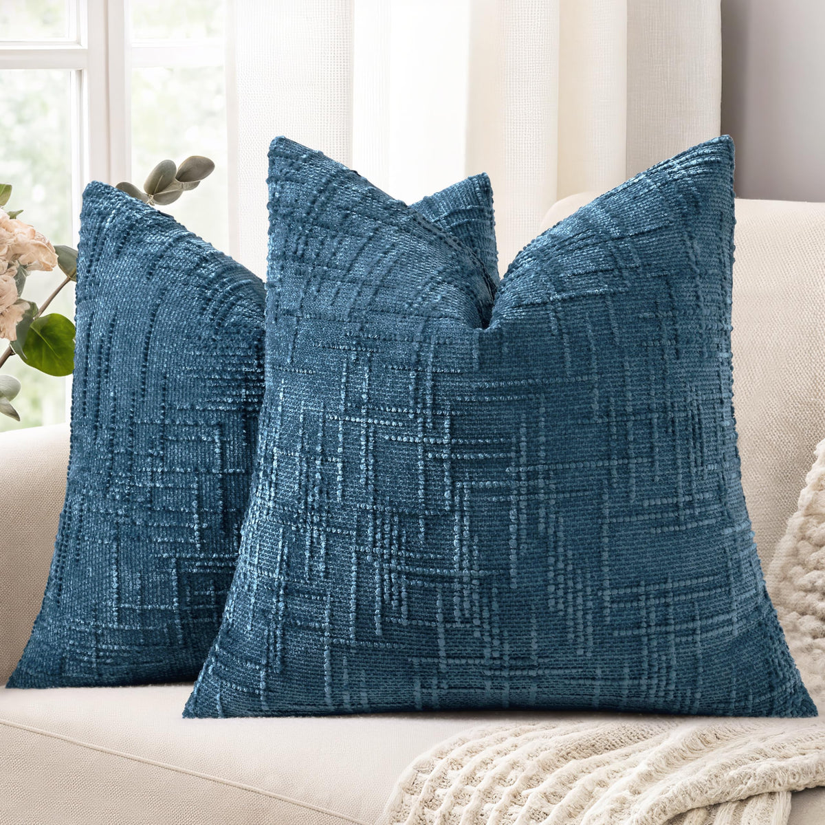 decorUhome Textured Chenille Throw Pillow Covers 18x18 Set of 2 Ivory