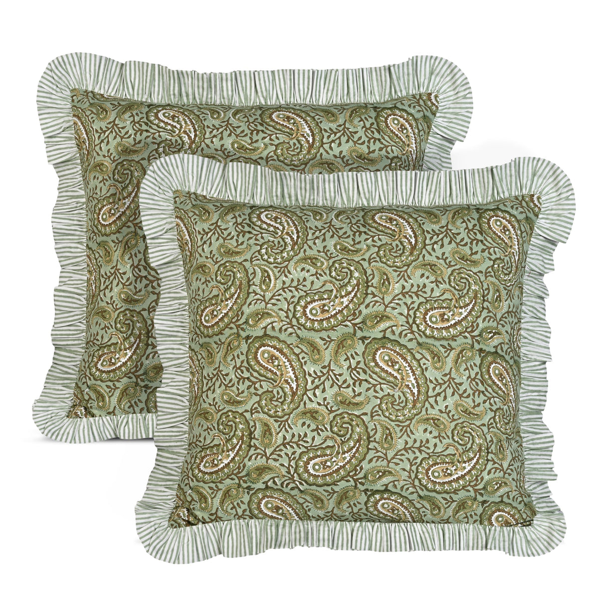 Ridhi Goldenrod Yellow Block Print Ruffle Pillow Covers 18x18 Inch Set of 2